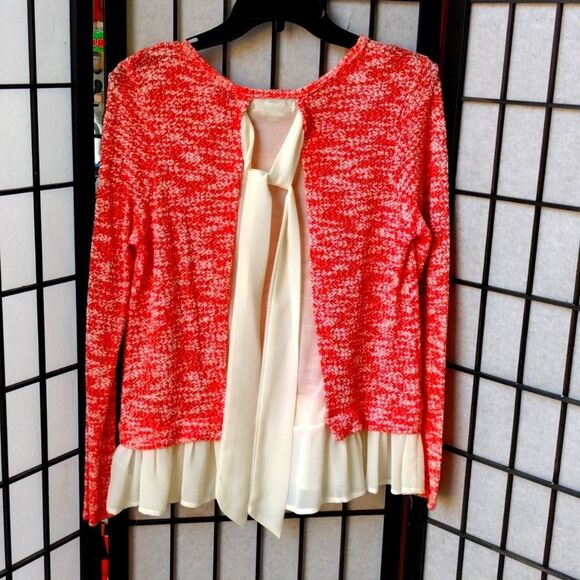 Ya Los Angeles Women's Knit Top Size M Pink Ivory Ruffle Hem Back Tie Scoop Neck - Picture 4 of 13